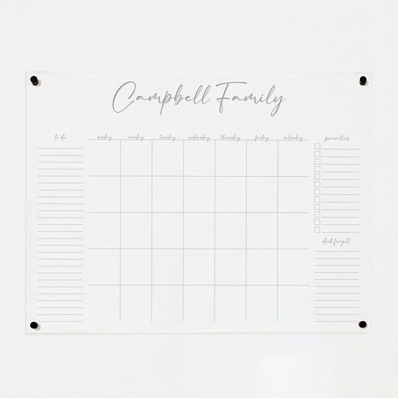 Personalized Clear Acrylic Calendar for Wall, Calendar Whiteboard for Wall, Dry Erase Wall Calendar, Wall Calendar Organizer System for Home (Cursive, Grey, 47.5"W x 36"H)