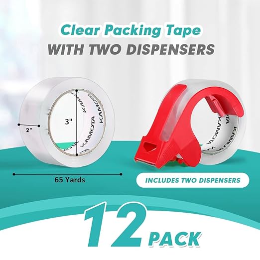 KAMOTA Packing Tape, 12 Rolls Heavy Duty Clear Packaging Tape for Shipping Packaging Moving Sealing, 2 inches Wide, 65 Yards Per Roll, Total 780 Yards with 2 Dispensers