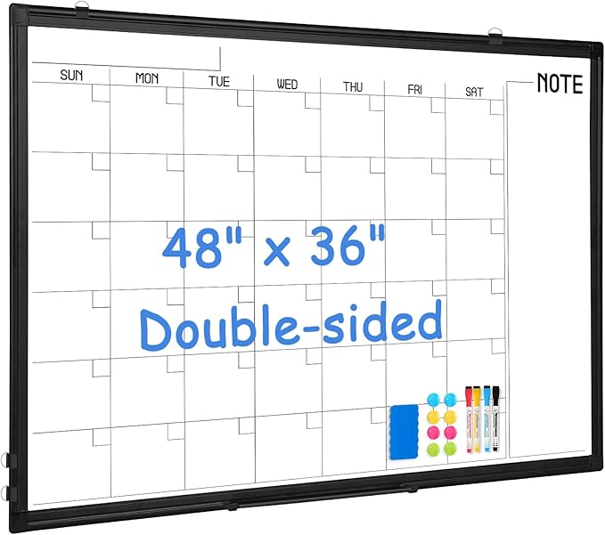 WALGLASS Dry Erase Calendar Whiteboard, 48" x 36" Monthly Large Dry Erase Calendar for Wall, Double-Sided Hanging White Board with Black Aluminum Frame for Home, School, Office, Kitchen