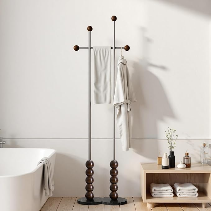 Metal Freestanding Coat Rack with Stainless Steel Double Rods & Marble Base, Hanging Clothes Rack for Entryway, Hallway, Bedroom, Living Room, Steel and Wood