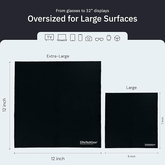 Elite Tech Gear Microfiber Cleaning Cloth for Glasses- 4-Pack, 12" x 12"- Durable Oversized Glasses Cleaning Cloth- Eyeglass Cleaning Wipes for Lenses, Electronics- High Tech Quality Material (Black)