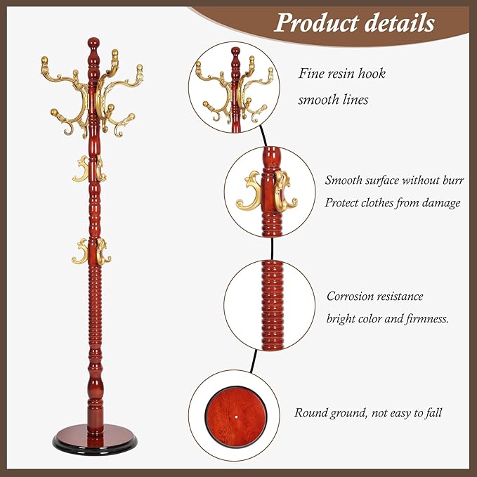 Wooden Coat Rack Freestanding, Vintage Coat Racks with Sturdy Round Base, Adjustable Height 37.40"-72.83" Entrance Coat Rack for Bedroom Living Room Entryway (Solid wood Begonia)