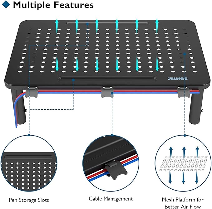 BONTEC 2 Pack 3 Height Adjustable Monitor Stand Riser with Pen Holder, Ergonomic Metal Laptop Stand with Cable Management, Desktop Stand for Computer, Printer, Monitor, Laptop, Black Steel, 14.5 in