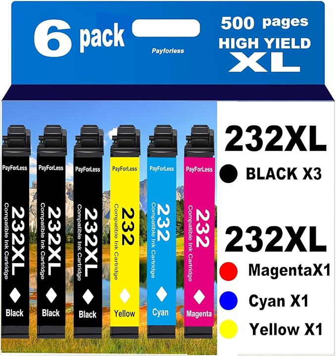 232XL Remanufactured for Epson 232XL Ink Cartridges Combo Pack 232XL T232 XL for XP-4200 XP-4205 Workforce WF-2930 WF-2950 Printer 6 Pack 3 Black 1 Cyan 1 Magenta 1 Yellow