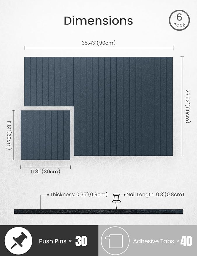 Bumusty Large Cork Board Alternative-36 x24 Felt Bulletin Board, with 30 Pushpins, 40 Adhesive Tabs, 6-Pack Slat Wall Paneling, Cork Boards for Office Push Pin Board Felt Board-Deep Charcoal Blue