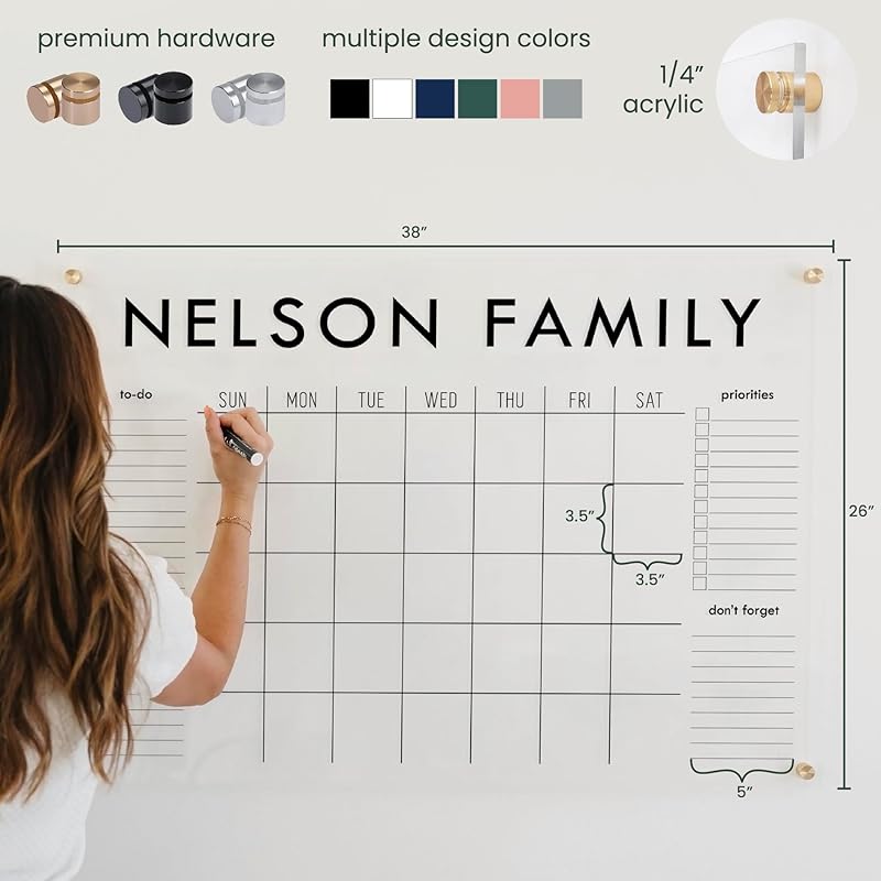 Personalized Clear Acrylic Calendar for Wall, Calendar Whiteboard for Wall, Dry Erase Wall Calendar, Wall Calendar Organizer System for Home (Block, Blush, 38"W x 26"H)