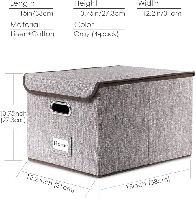 PRANDOM File Organizer Box - Set of 4 Collapsible Decorative Linen Filing Storage Hanging File Folders with Lids Office Cabinet Letter Size (15x12.2x10.75 inch)