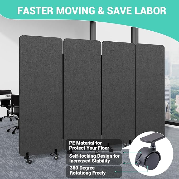Soundproof Room Divider W/Wheels, 66in Office Dividers for Sound Proofing & Reducing, Sound Proof Dividers for Office Partitions Portable Temporary Wall Acoustic Wall Divider (Cool Grey, 4 Panel)