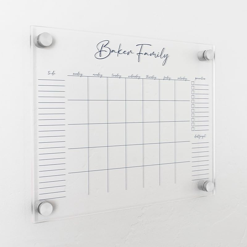 Personalized Clear Acrylic Calendar for Wall, Calendar Whiteboard for Wall, Dry Erase Wall Calendar, Wall Calendar Organizer System for Home (Cursive, Navy, 14"W x 11"H)