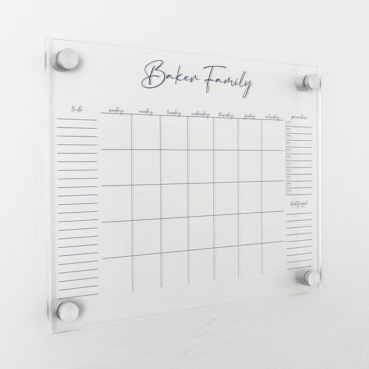 Personalized Clear Acrylic Calendar for Wall, Calendar Whiteboard for Wall, Dry Erase Wall Calendar, Wall Calendar Organizer System for Home (Cursive, Navy, 14"W x 11"H)