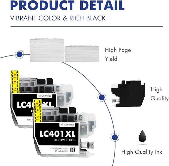 LC401XL LC401 MFC-J1010DW Black Ink Cartridges Compatible for Brother LC 401 XL MFC-J1010DW MFC-J1170DW MFC-J1012DW MFC-J1800DW MFC J1010DW Printer (High Yield, 2 Pack)