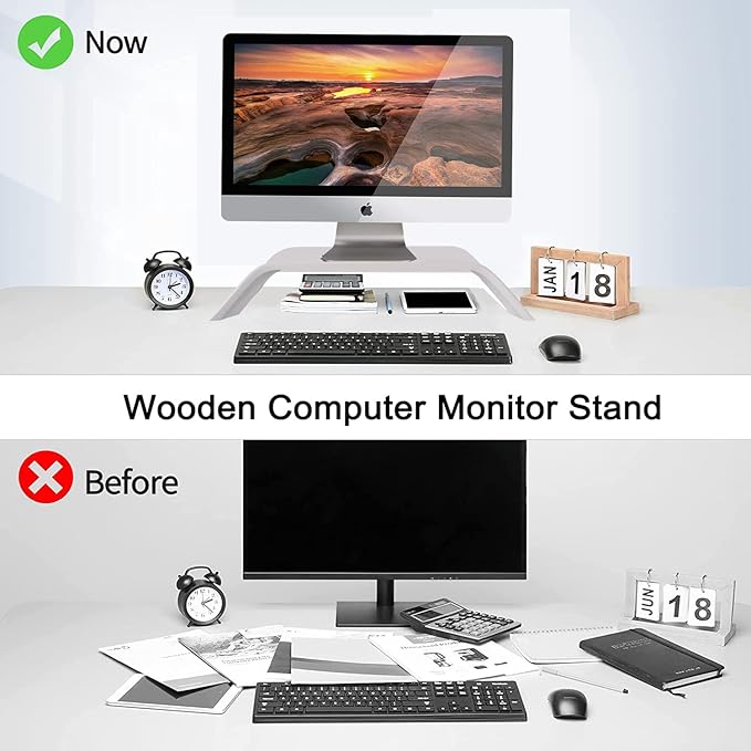 SAMDI Wooden Computer Monitor Stand, Desktop Accessories, Laptop Stand, Notebook Stand, for MacBook Stand (Oak Wood White)