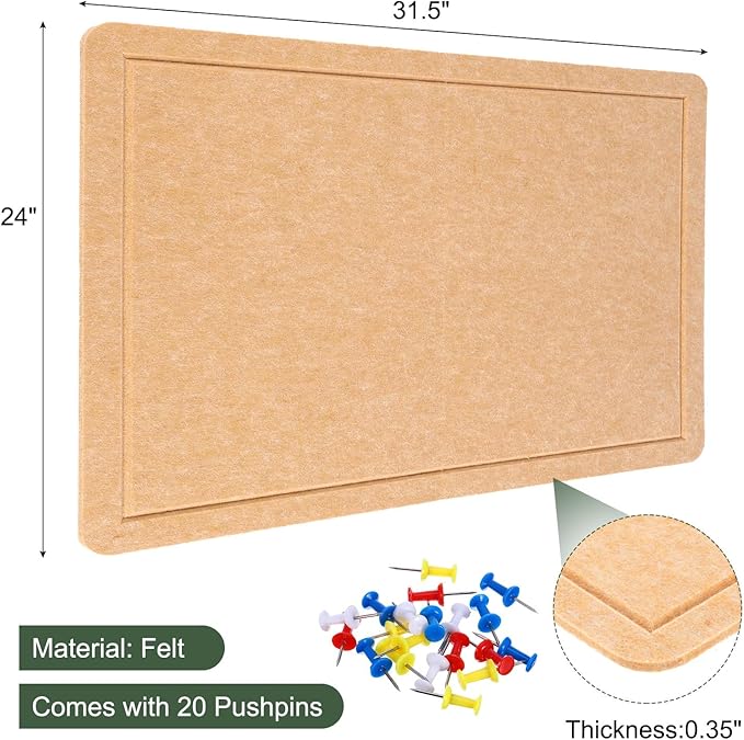 YOKIVE Felt Bulletin Board, 31.5 x 24 -Inch Foldable Decorative Pin Board Self Adhesive Felt Cork Board with 20 Pushpins, Great for Wall, Photo Display, Paste Note, Schedule(Beige Brown)