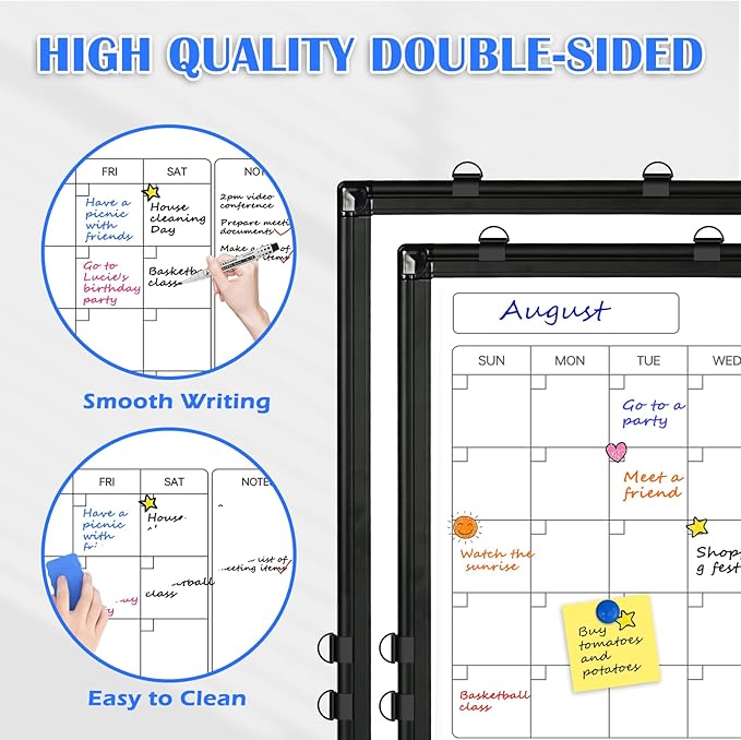 Monthly Calendar Dry Erase Whiteboard, 36" x 24" Magnetic Calendar White Board, Double-Sided Portable Board with Black Aluminium Frame for Office, Kitchen, School, Home
