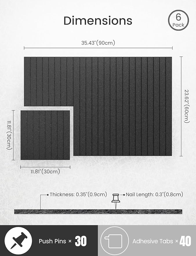 Bumusty Large Cork Board Alternative-36 x24 Felt Bulletin Board Tiles, with 30 Pushpins, 40 Adhesive Tabs, 6-Pack Slat Wall Paneling, Cork Boards for Office Push Pin Board Felt Board-Charcoal Gray