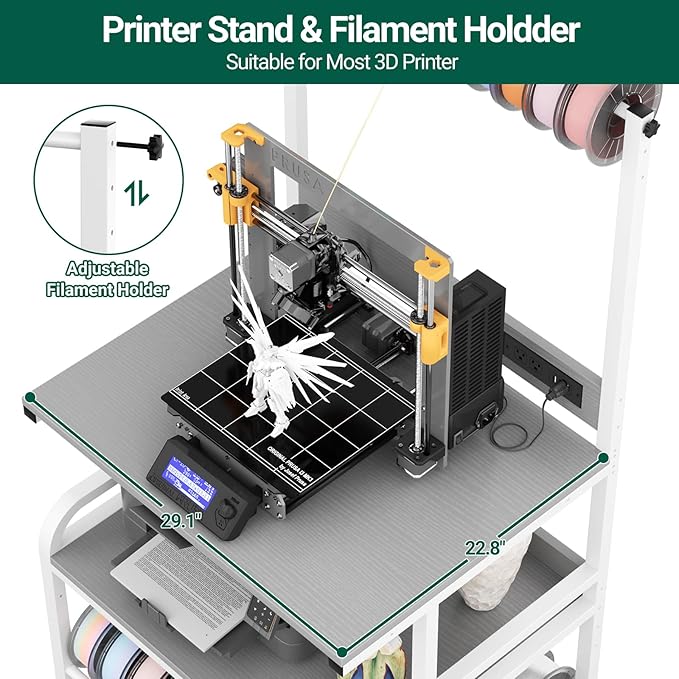 Homieasy Printer Stand with Charging Station, 29.1" x 22.8" Large 3D Printer Table with Filament Storage, Heavy Duty Rolling Printer Cart with 4-Tier Storage for Workshop/Office/Garage, Light Grey