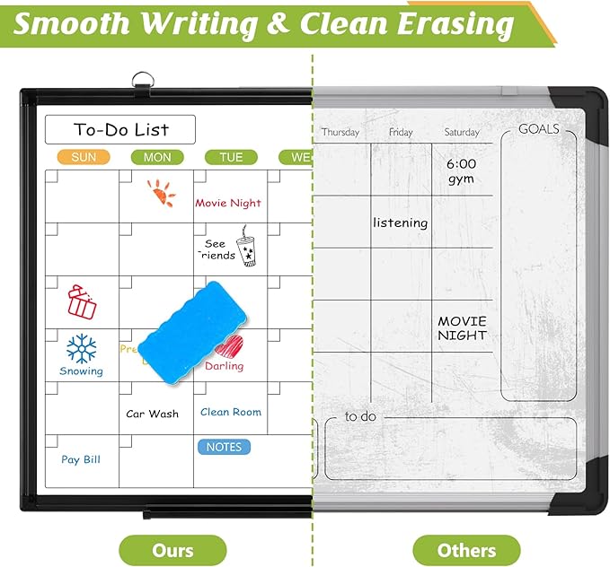 Dry Erase Calendar Whiteboard for Wall, 24" x 18" Magnetic Monthly White Board Calendar with Black Aluminum Frame, Double-Sided Hanging Dry Erase Board for Office, Home, School