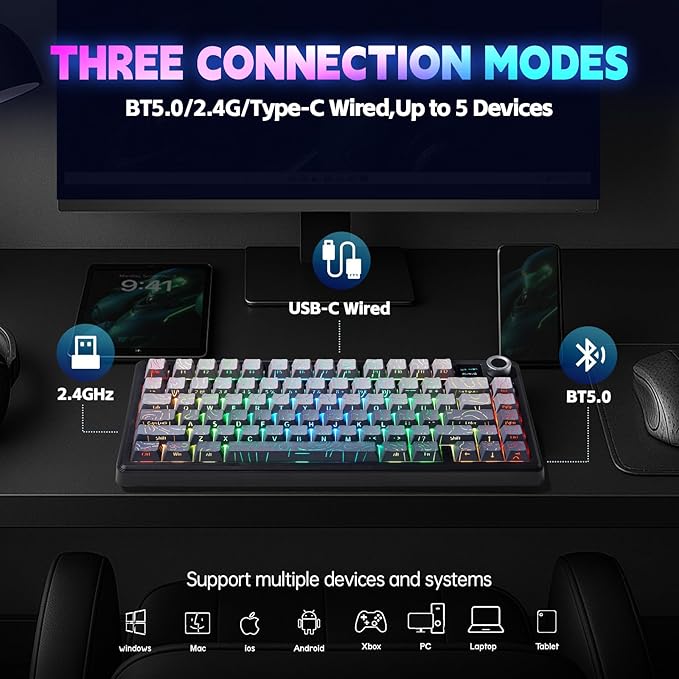 x Aula F75 MAX Wireless Gaming Keyboard w/Smart Display & Knob,75% Hot Swappable Custom Mechanical Keyboard, RGB Backlit,Pre-lubed Linear Switches,Side Printed PBT Topographic Keycaps(Grey)