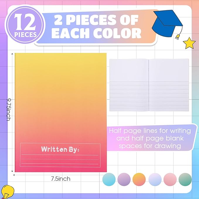 Henoyso 12 Pcs Primary Composition Notebook K-2 9 3/4 x 7 1/2 Inch Primary Journal, Back to School Supplies, Bulk Blank Writing Book for Kid to Write Draw Journal 60 Page Notebooks (Color Gradient)