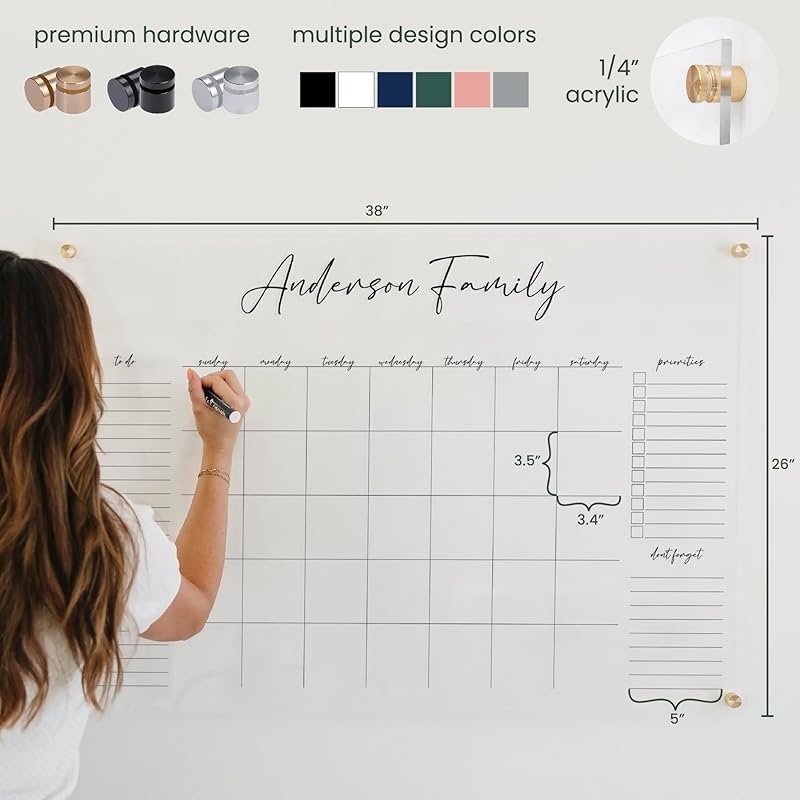 Personalized Clear Acrylic Calendar for Wall, Calendar Whiteboard for Wall, Dry Erase Wall Calendar, Wall Calendar Organizer System for Home (Cursive, White, 38"W x 26"H)
