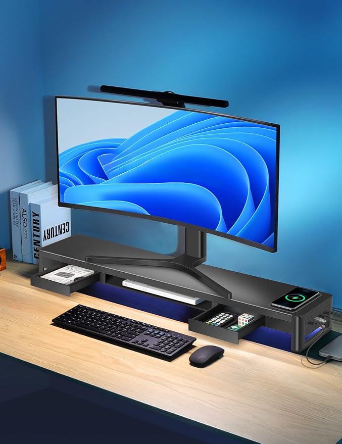 meatanty Dual Monitor Stand Riser with 2 Drawers,4 USB Ports and Charging Pad,Metal Monitor Stand for 2 Monitors Supports Transfer Data and Charging,Desk Organizer for PC,iMac(38.7 inches)