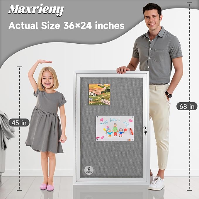 Outdoor Weatherproof Enclosed Fabric Bulletin Board,Noticeboard Case with Lockable Glass Door,Silver Aluminum Frame, 36x24 Inch (5xA4)