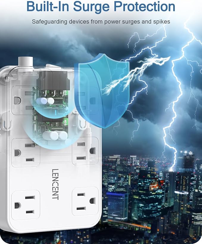 LENCENT 2 Prong Power Strip, 3 to 2 Prong Outlet Adapter, 1050J Surge Protector, 6ft Braided Extension Cord with Thin Flat Polarized Plug, 6 AC & 4 USB (1 Type-C), Wall Mount for Non-Grounded Outlet