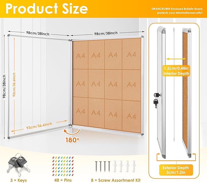 SWANCROWN Enclose Bulletin Board Case Big School Cork Pin Noticeboards Secure Cabinet for Message Guide 38x38inches (12xA4)