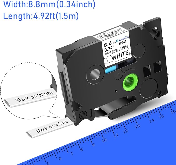 USUPERINK 5 PK Compatible for Brother Ptouch HSe-221 HSe221 HS-221 HS221 8.8mm Black on White Heat Shrink Tube Label Tape use in PT-D210 PT-D400 PT-E300 PT-E500 PT-P750WVP Label Maker (0.34''x 4.92ft)