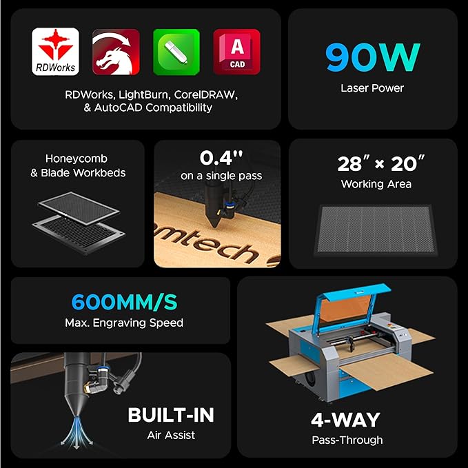 OMTech 90W CO2 Laser Engraver with LightBurn, 28"x20" Cutting & Engraving Machine with Air Assist, 4-Way Pass, Caster Wheels, RDWorks, for Wood, Glass, Acrylic & More