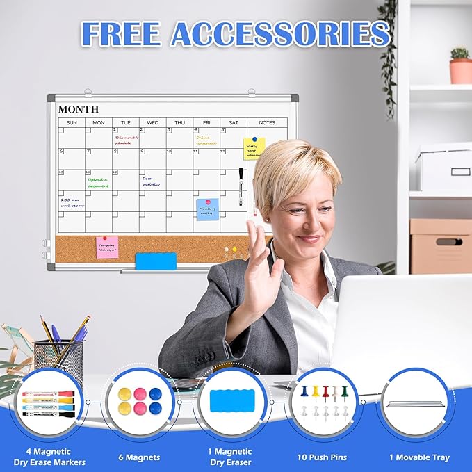 Monthly Calendar Whiteboard Dry Erase Cork Board Combo for Wall, 30" x 20" Magnetic Double-Sided Calendar White Board and Bulletin Board, Portable Board for Office, Kitchen, School, Home, Dorm