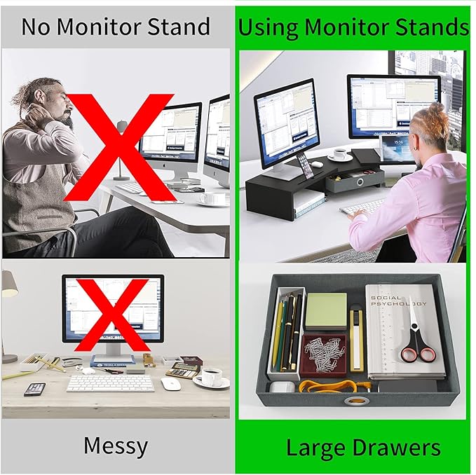 WESTREE Dual Monitor Stand Riser with Drawer, Adjustable Length and Angle Monitor 2 Solts for Phone & Tablet, Desktop Organizer Stand for Computer/Laptop/PC/Printer
