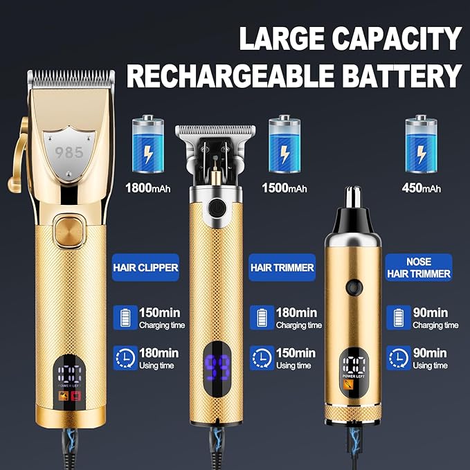 RESUXI Hair Clipper for Men T Blade Zero Gapped Nose Hair Trimmer Set,Professional Cordless Barber Clippers Hair Cutting Machine Haircut Grooming Kit,Gold
