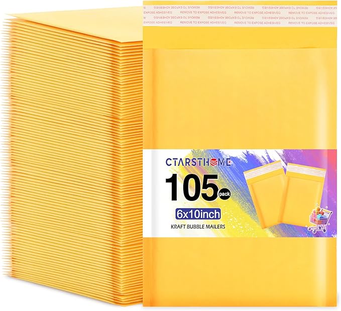 105Pack Yellow 6x10inch Kraft Bubble Mailers Small Business Mailing Packages Self-Sealing Paper Envelopes, Mailer Shipping Padded Envelopes with Strong Adhesion for Jewelry Makeup Supplies