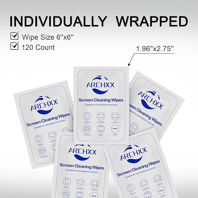 Screen Wipes for Electronics, 120 Count 6"x6" Pre-Moistened Screen Cleaner for Screens, Computer,Laptop,Tablet,Phone,Monitor,Car Screen Cleaner, Lens Wipes Individually Wrapped
