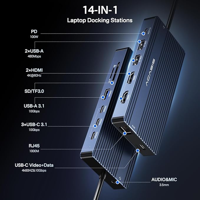 USB C Hub Docking Station Dual Monitor 2 HDMI 4K@60HZ,14 in 1 Laptop Docking Station 3 Monitor with 10Gbps(USB-c Video+Data,3*USB C,USB A) Ethernet,PD 100W,SD/TF,3.5mm Audio for Dell/HP/Lenovo