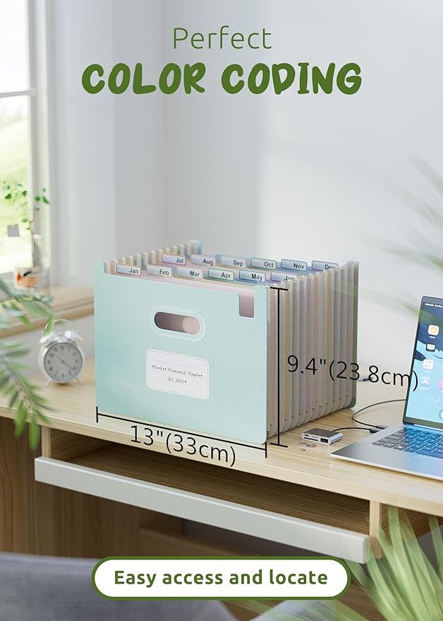 Accordion File Organizer, 12 Pockets Wheat Straw Expanding File Folders, Upright & Open Top, Monthly Bill Receipt Organizer, 100% BPA Free, Return to Nature, Healthy Living, Letter/A4 Size-Sky Blue