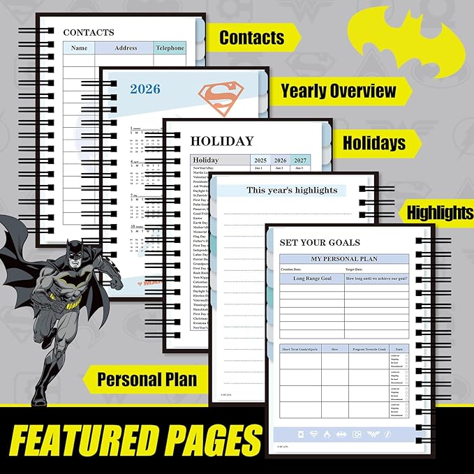 Super Hero Academic Planner, Weekly Monthly Daily Agenda, Custom Date Organizer for Time Management, Spiral Bound Notebook with Colorful Tabs,Datebooks for Student, Adult(Black Gold)
