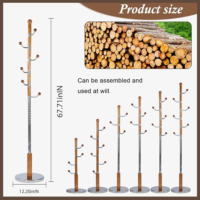 Wooden Coat Rack Freestanding, Vintage Coat Racks with Sturdy Round Base, Adjustable Height 37.40"-72.83" Entrance Coat Rack for Bedroom Living Room Entryway (Solid Wood Metal Hook)