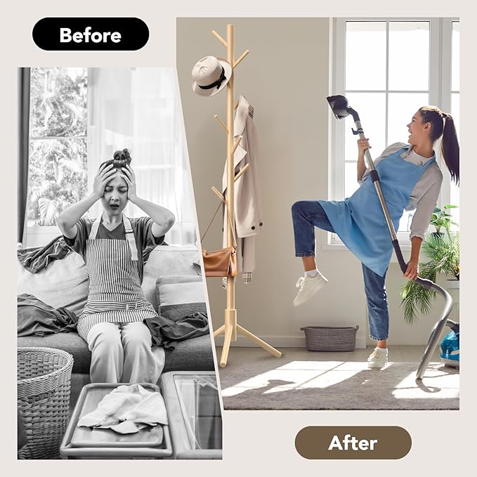 Wooden Tree Coat Rack Stand,Sturdy Freestanding Coat Rack with 8 Hooks,3 Adjustable Height for Child Adult,Wood Coat Stand Tree Fits Entryway Bedroom Office for Bags,Hats