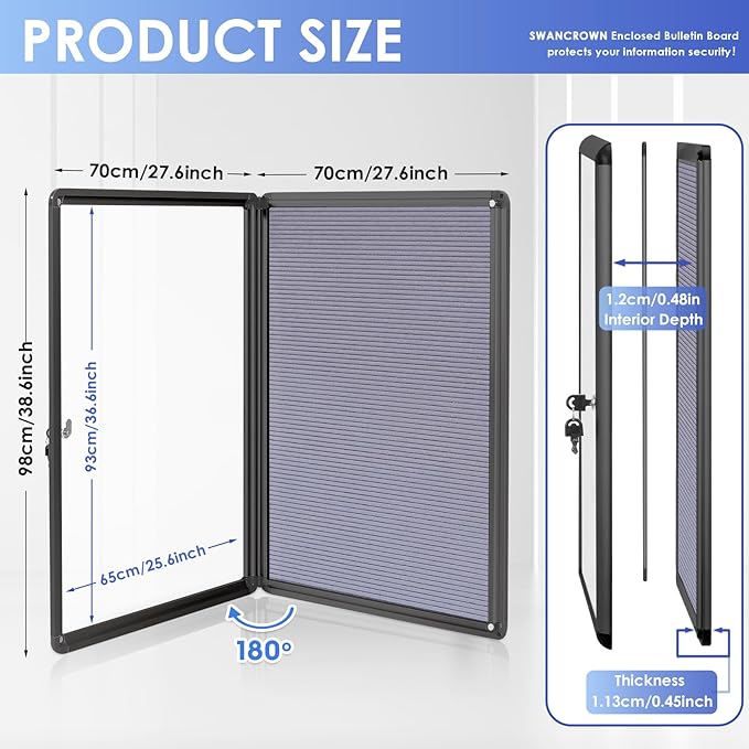 SWANCROWN Enclosed Bulletin Board with Locking Door 38x28 in, Lockable Felt Letter Board Sign Tamperproof Message Board for Office School Home, Black Aluminum Frame, Grey