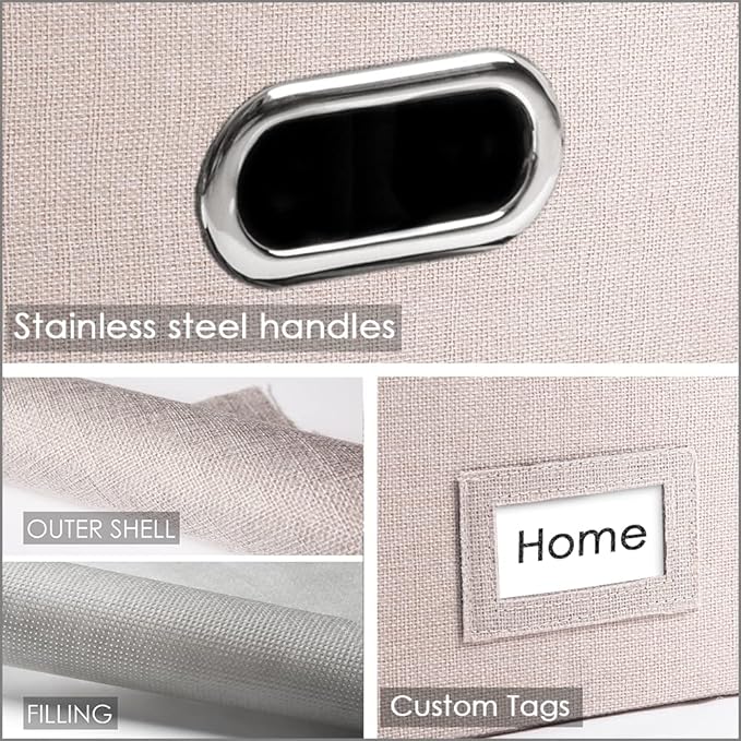 PRANDOM File Organizer Box - Set of 4 Collapsible Decorative Linen Filing Storage Hanging File Folders with Lids Office Cabinet Letter Size Light Grey (15x12.2x10.75 inch)