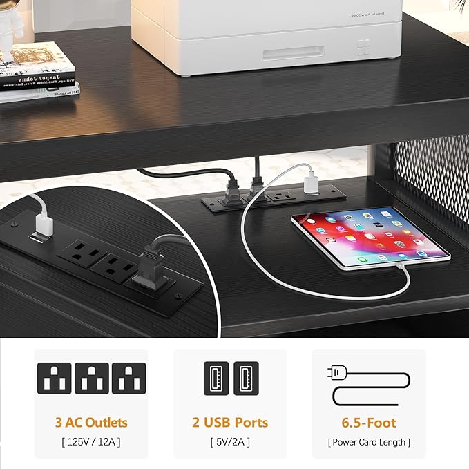 Unikito Lateral File Cabinet, Locking Office Filing Cabinets with Socket and USB Charging Port, Modern Rolling Printer Stand with Storage for A4, Letter Size and File Folders, Black