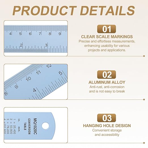 HARFINGTON 6pcs Metal Straight Ruler 15cm Metric SAE Aluminum Alloy Measuring Rulers Scale Tool with Hole for Measure Study Reading Classroom Office, Light Blue