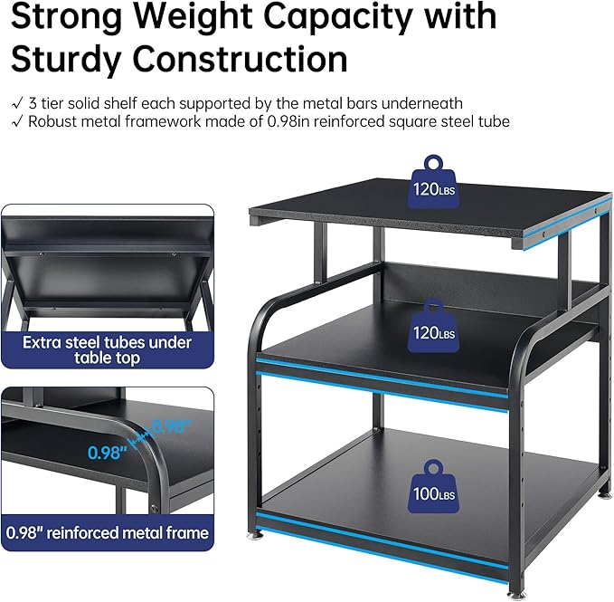 25.6" x 23.6" Extra Large Printer Stand Table with Adjustable Storage Shelf, 3 Tier Rolling Printer Cart with Industrial Wheels for Home Office, Black