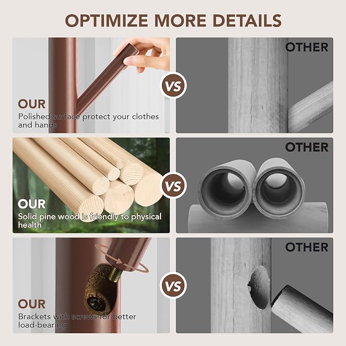 Wooden Tree Coat Rack Stand,Sturdy Freestanding Coat Rack with 8 Hooks,3 Adjustable Height for Child Adult,Wood Coat Stand Tree Fits Entryway Bedroom Office for Bags,Hats, 2 Pack