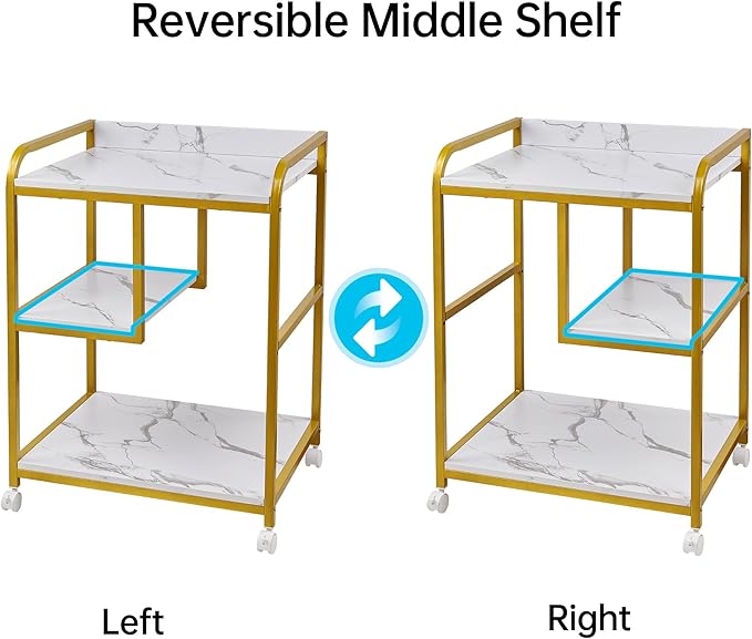 Large Printer Table Stand with Shelf for Computer Tower, CPU and Shredder, 22 x 18 Inch Rolling Printer Cart with Wheels for Home Office Storage and Organization - White Gold