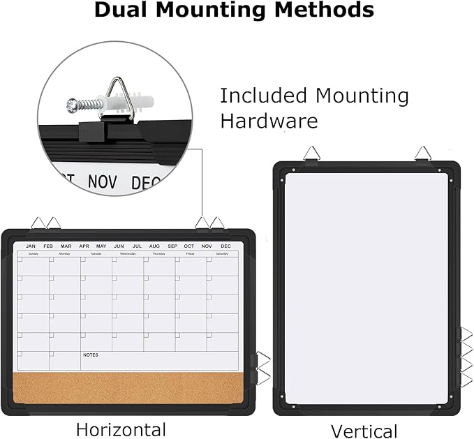 EAONE 16x12 in Double Side Whiteboard Calendar & Cork Board Combo for Wall, 3 in 1 Magnetic Dry Erase Whiteboard Monthly Calendar and Bulletin Board with Aluminum Frame for Home Office Kitchen