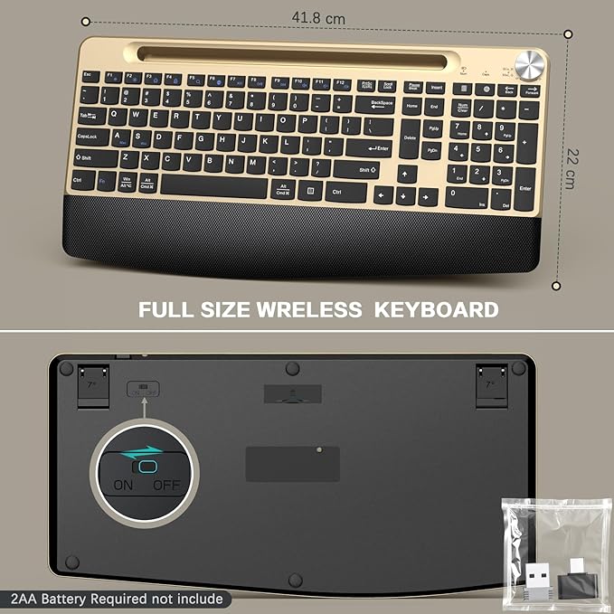 Ergonomic Wireless Keyboard with Wrist Rest-Low-Profile,Phone/Tablet Holder,Quiet Design，Windows & Mac OS，Full Size Cordless USB Computer Keyboard for Desktop,Laptop, PC, Mac, Windows-Gold