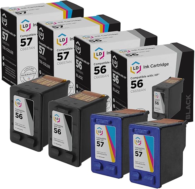 LD Products Remanufactured Ink Cartridge Replacements for HP 56 C6656AN & HP 57 C6657AN (2 Black, 2 Color, 4-Pack) Compatible with Deskjet 450 450cbi 450ci 450wbt 5150 5150v 5150w 5151 5550 5550v